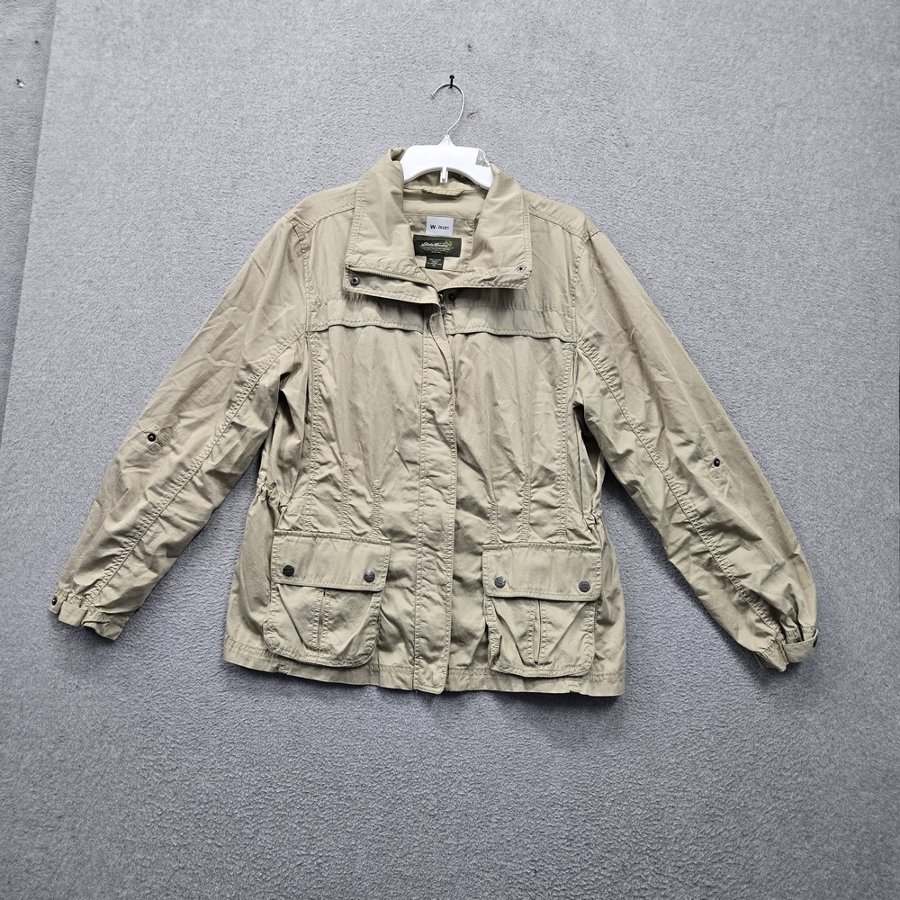 Eddie Bauer Women Jacket XL Beige Utility Safari Cargo Twill Roll Tab Sleeve